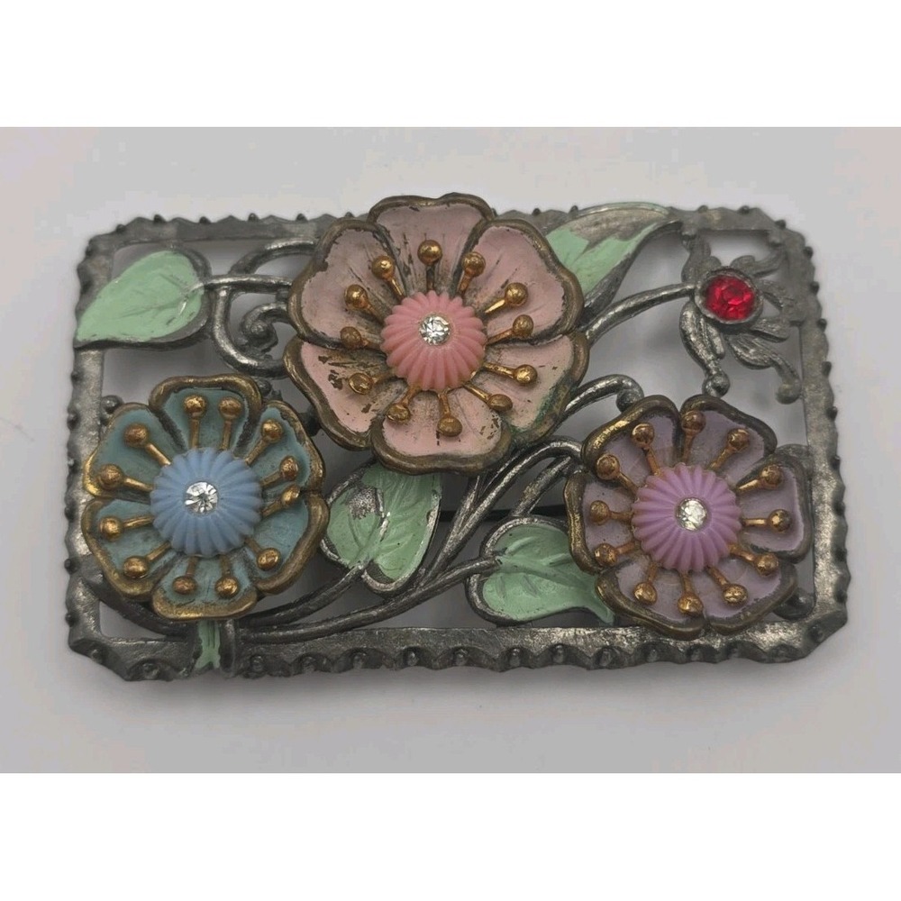 Vintage 1940s Floral Pot Metal Flower Brooch Pastel Enamel Rhinestone Rectangle
